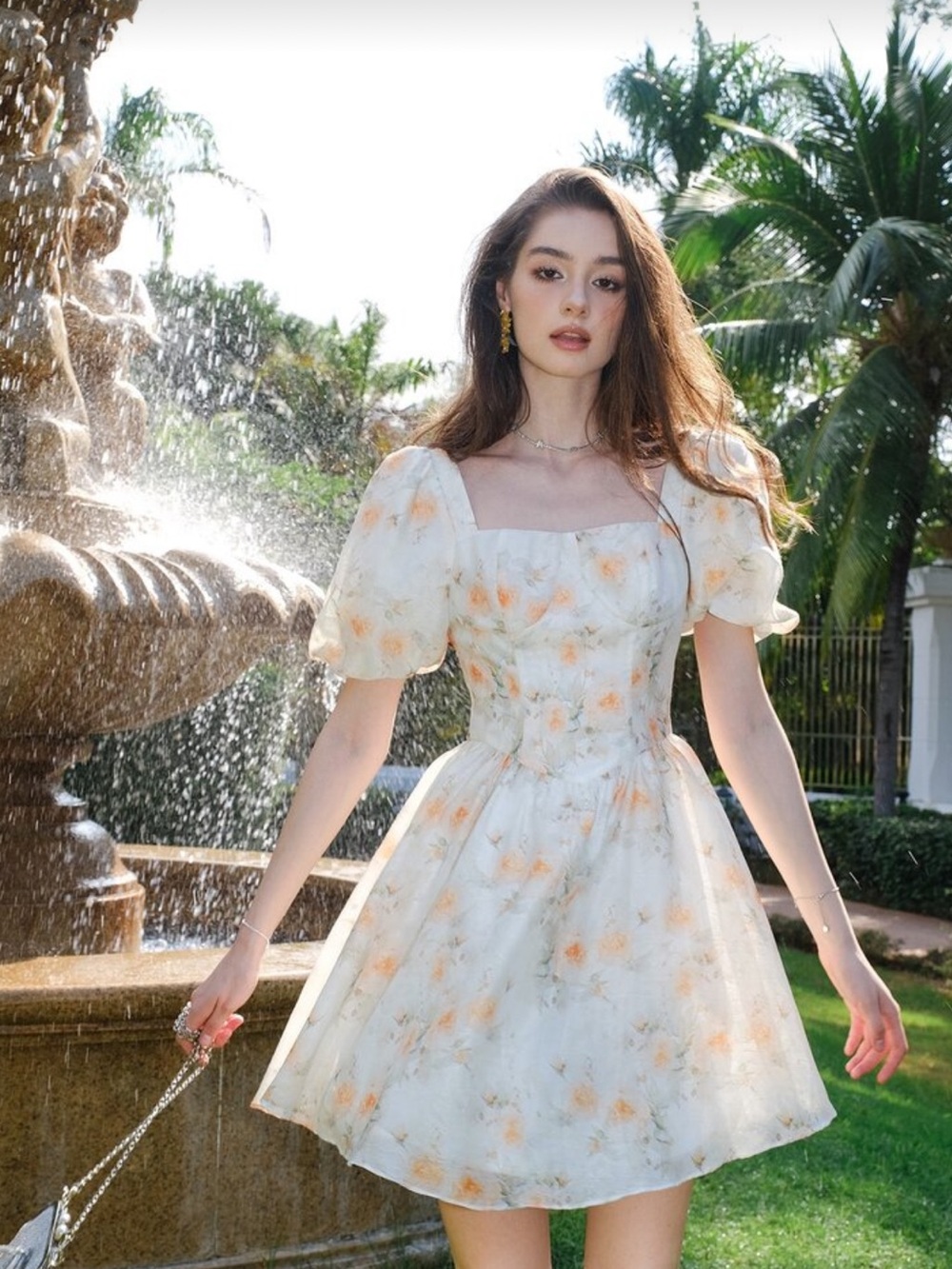 Floral Puff-Sleeve Midi Dress in Cream and Peach